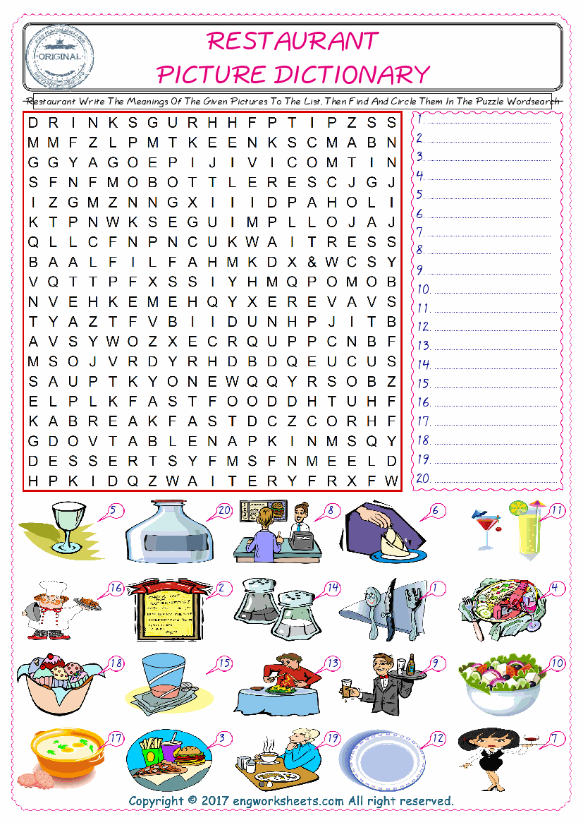  For kids, check the picture of Restaurant find, and write the word and find it in the word puzzle ESL printable worksheet. 